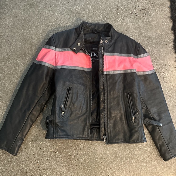 Jackets & Blazers - Genuine leather moto jacket black with pink stripe